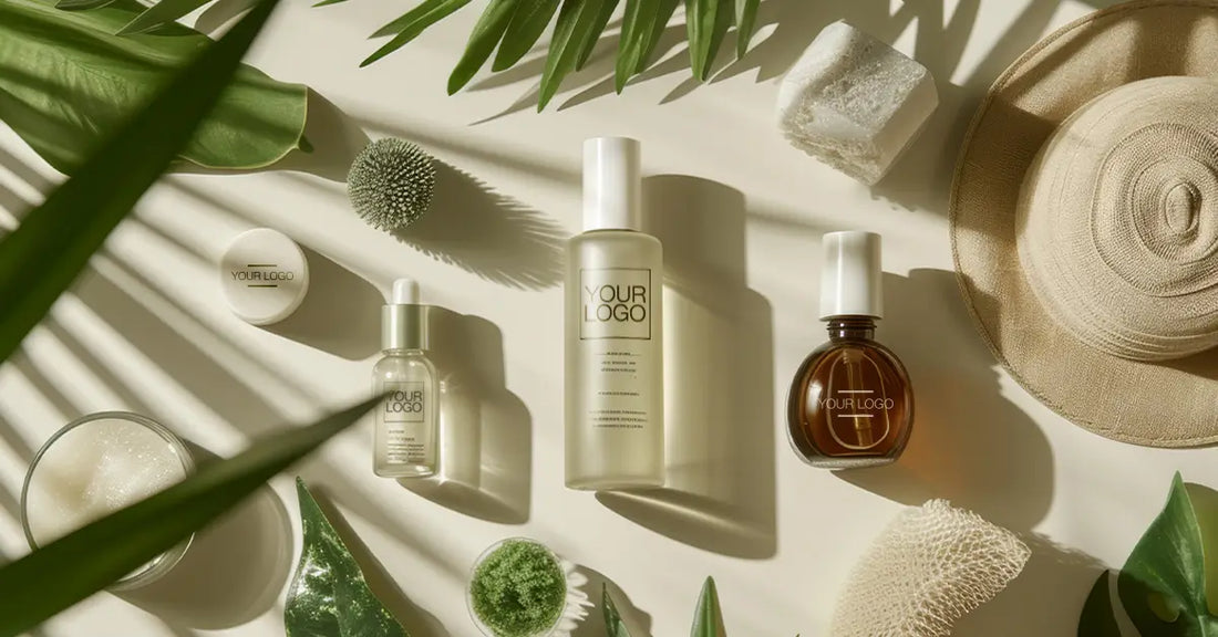 Medi-spa private products with high margins laid out with natural elements