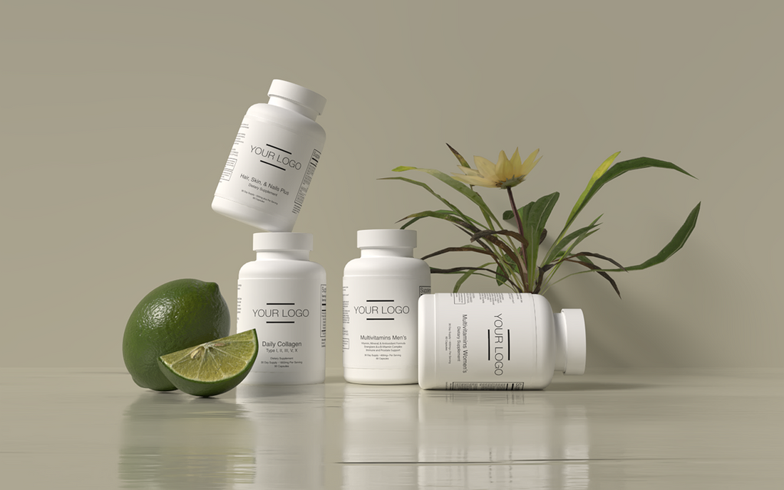 A few personalized vitamin bottles with your brand sitting next to one another with a sliced lime on the side and a flower in the background