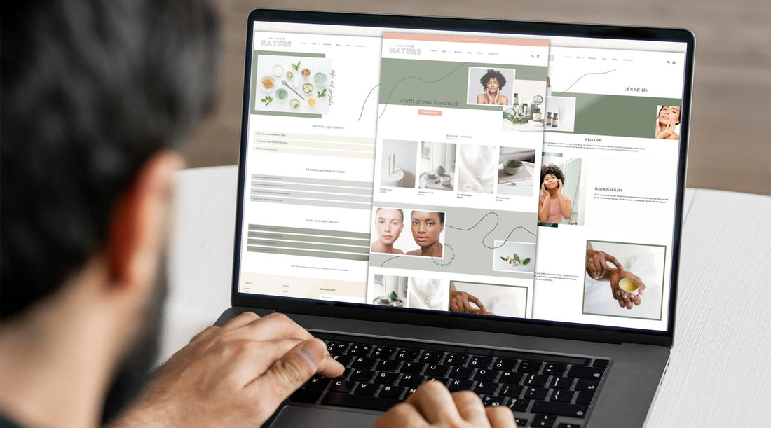 Person browsing a visually appealing Shopify store on a laptop, showcasing optimized e-commerce design and tools to enhance online shopping experiences