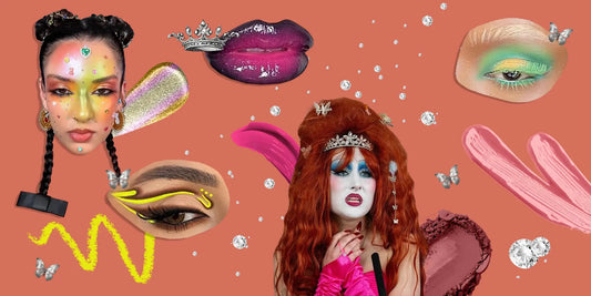 Maximalist makeup looks on a peach background with glitter, bold colors, and shimmers