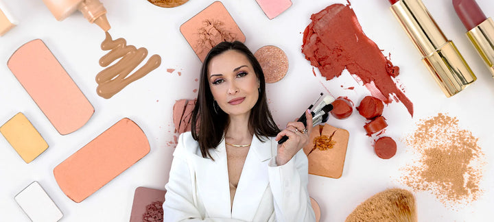 Beauty business woman in front of private label beauty products hero image