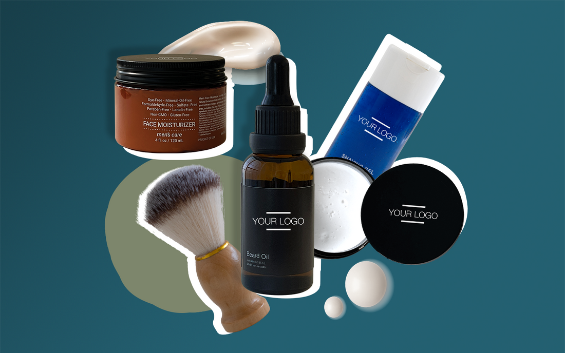 Collage of customizable men’s grooming products, including face moisturizer, beard oil, and shaving tools, promoting the rise of holistic at-home facial treatments