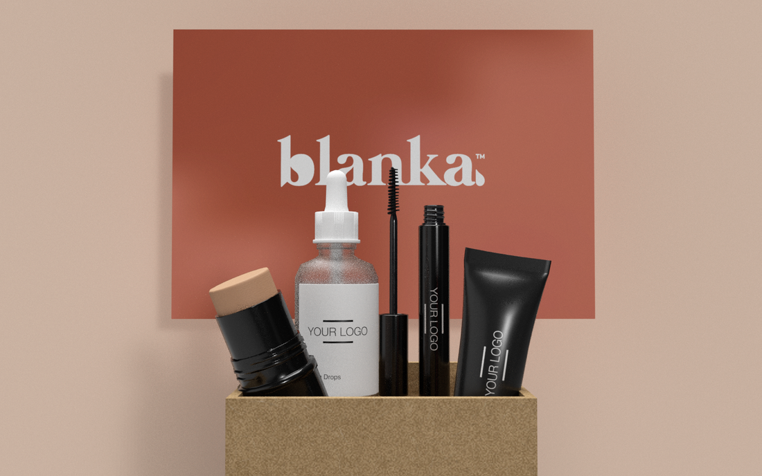 Customizable beauty products displayed in a box alongside an insert card with Blanka branding, emphasizing the role of personalized packaging in strengthening e-commerce beauty brands
