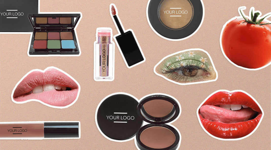 Collage of customizable beauty products like palettes, lip gloss, and blush, combined with playful visuals, reflecting the influence of TikTok beauty trends on branding in 2023