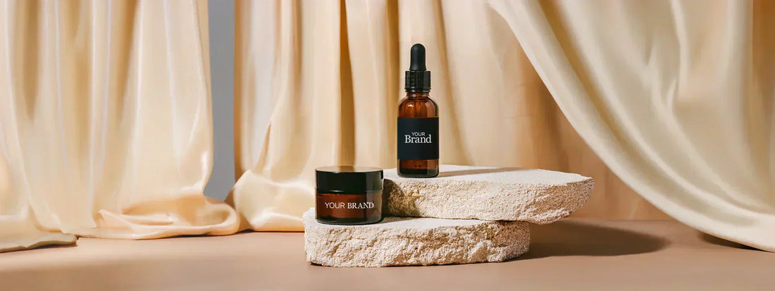 Private label beauty products on a rock with beige backgrounds
