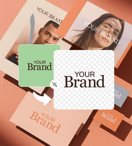 Brand mockups on peach background showing ‘Your Brand’ logo designs in different colors and layouts, representing custom branding tools.