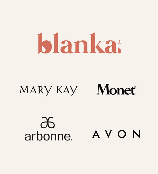 Collage of beauty brand logos on a cream background — Blanka, Mary Kay, Monet, Arbonne, and Avon.