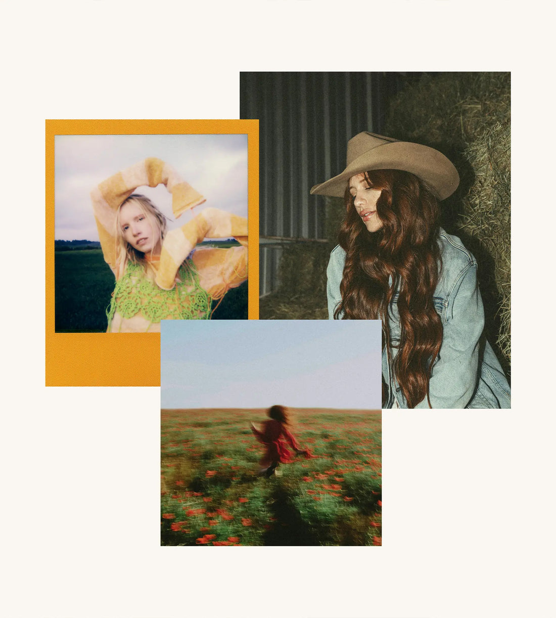 Collage of three women in outdoor settings: one in a yellow sweater with arms raised, one in a cowboy hat sitting in a barn, and one running through a wildflower field in a red dress.