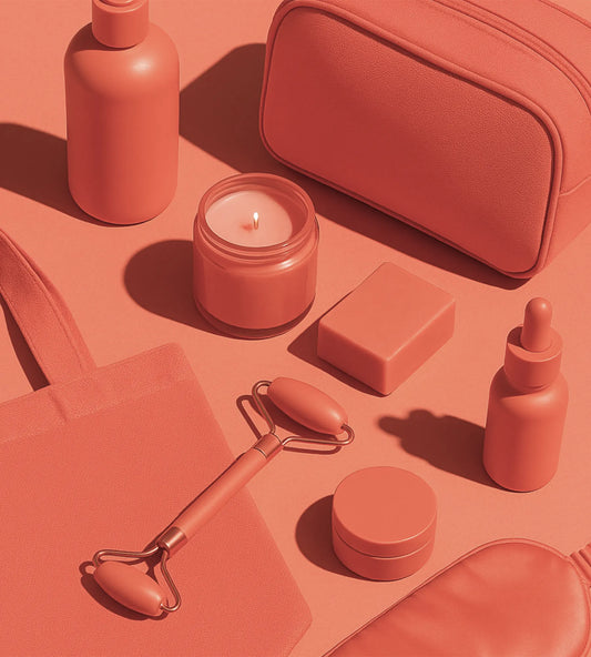 Flatlay of coral-colored self-care items including a candle, face roller, dropper bottle, bar soap, pouch, and tote bag—all styled monochromatically on a coral background.