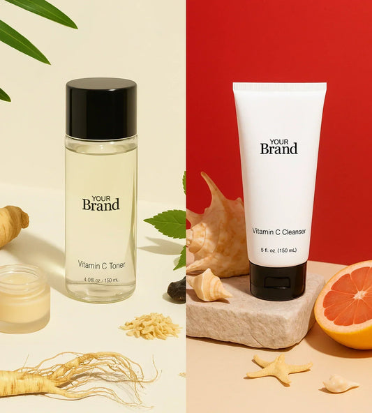 A visually split comparison of Korean and American skincare routines—one side showing minimalist, glassy K-beauty products with soft lighting and natural ingredients, and the other side showing bold, clinical Western products