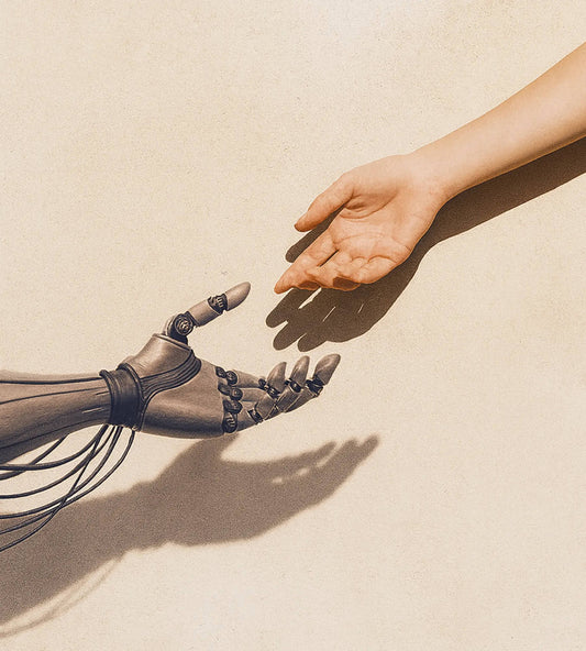 Human hand reaching toward a robotic hand, symbolizing connection between humans and artificial intelligence for business growth.
