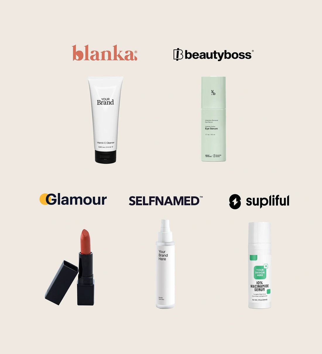 Flat lay of private-label beauty products with logos from Blanka, BeautyBoss, Glamour, Selfnamed, and Suppliful. Includes tubes, sprays, and lipsticks labeled "Your Brand."