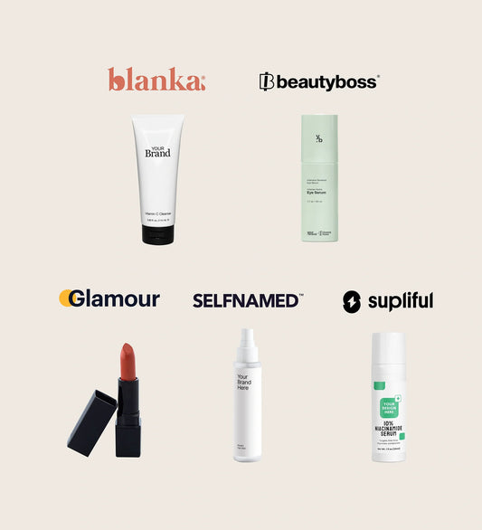 Flat lay of private-label beauty products with logos from Blanka, BeautyBoss, Glamour, Selfnamed, and Suppliful. Includes tubes, sprays, and lipsticks labeled "Your Brand."