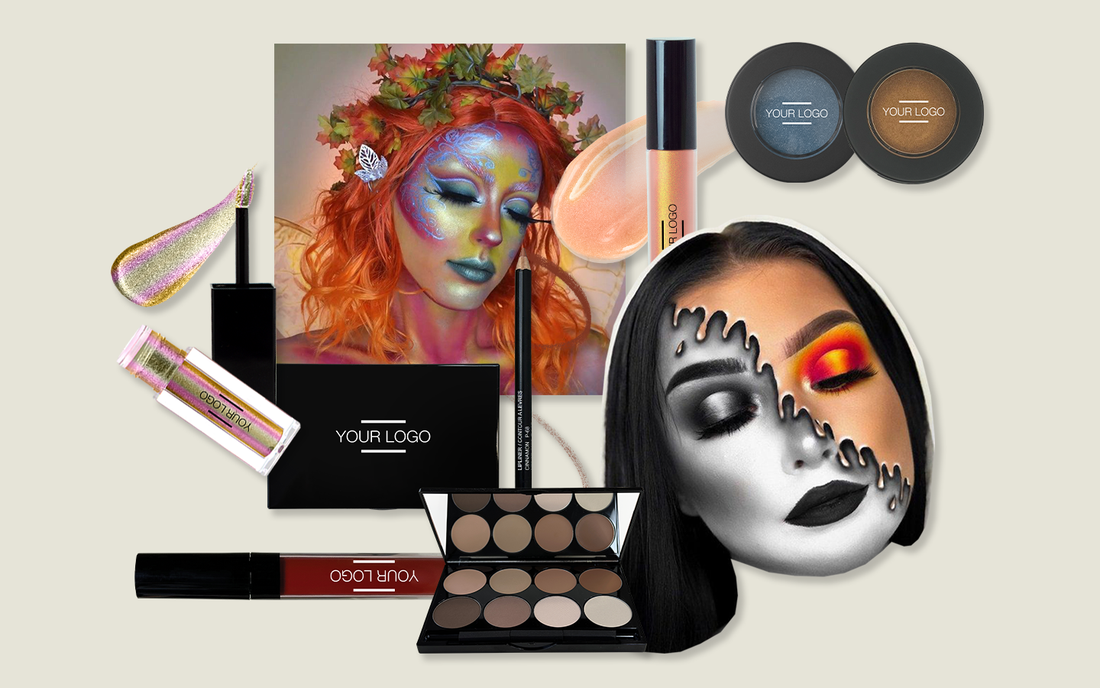 Creative display of Halloween-inspired makeup products, including palettes, lip gloss, and highlighters, paired with bold, artistic looks—perfect for seasonal beauty collections