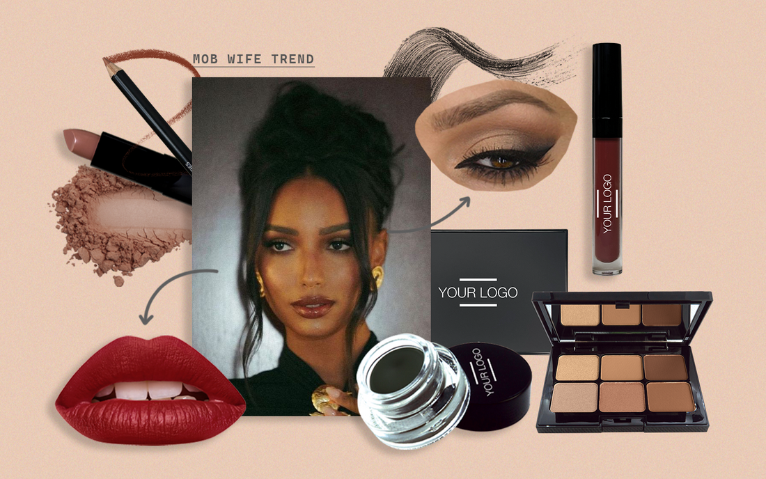  Collage showcasing the "Mob Wife" makeup trend with customizable products like bold lipsticks, eyeshadow palettes, and brow gel, perfect for creating a dramatic, on-trend beauty collection