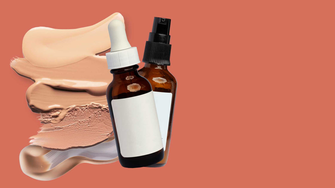 Two customizable skincare bottles placed against a coral background with beige product swatches, ideal for promoting private-label beauty or skincare lines