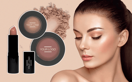 Image of a woman with makeup on next to a set of two blushes and a lipstick with your logo on them, depicting the opportunity for private label and starting your own brand