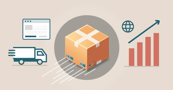 Illustration of ecommerce logistics and growth, featuring a package in motion, a delivery truck icon, a web page interface, and a rising bar chart symbolizing global market expansion.