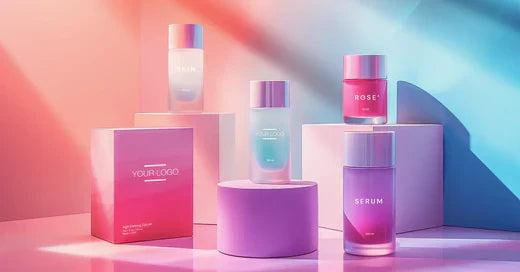 A group of private label skincare and cosmetic products with vibrant coloured packaging