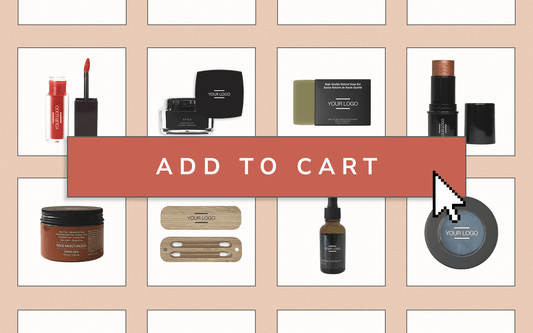 Grid of customizable beauty products with a bold "ADD TO CART" banner and cursor icon, highlighting a clear call-to-action for private label shopping
