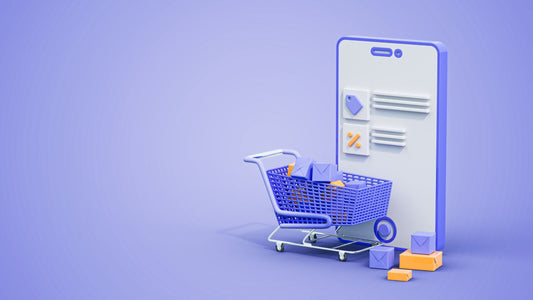 3D illustration of a shopping cart filled with packages next to a smartphone interface, representing e-commerce tools to boost customer conversions and sales