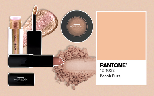 Collage of customizable beauty products, including lipsticks, eyeshadows, and highlighters, paired with Pantone's 2024 Color of the Year, "Peach Fuzz," highlighting trendy private label opportunities