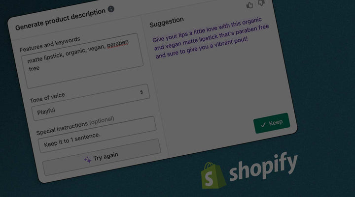 Close-up of Shopify's AI tool generating a playful product description for a matte, organic, vegan lipstick, highlighting the use of AI to enhance e-commerce efficiency