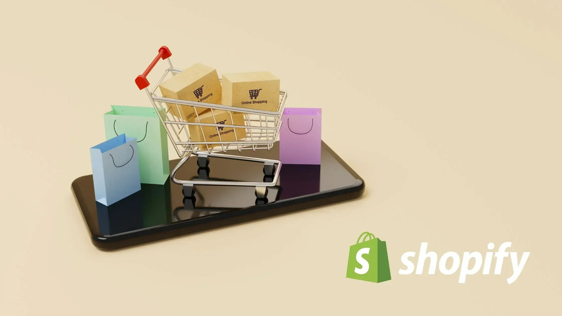 Mini shopping cart and bags on a smartphone with the Shopify logo, representing essential tools and apps for optimizing beauty e-commerce stores