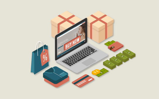 An illustrated computer along with boxes, credit card, money and shopping bags, depicting strategies to grow your dropshipping profit margin