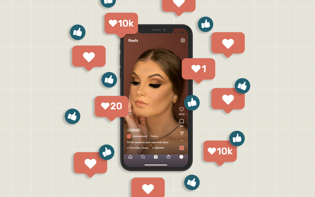  Smartphone displaying a beauty-focused TikTok reel surrounded by like and reaction icons, emphasizing the impact of viral social media trends for brand growth
