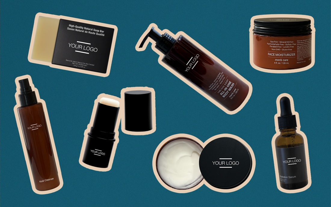 Collage of customizable men’s skincare products, including cleansers, moisturizers, and serums, highlighting essentials for winter skincare and private label branding opportunities
