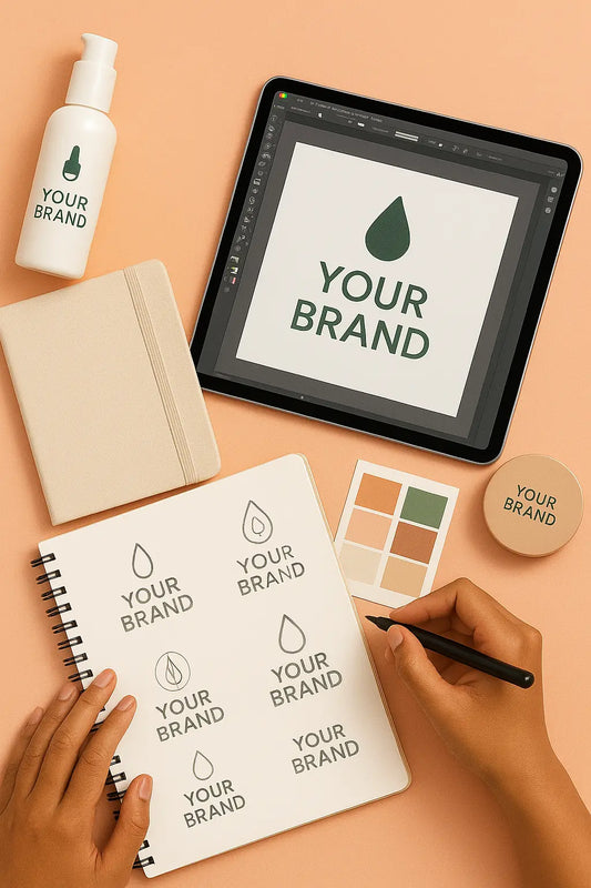 Flat lay on a peach backdrop showing a tablet with a ‘Your Brand’ logo, a pump bottle labeled ‘Your Brand,’ a notebook with logo sketches, a color swatch card, a round ‘Your Brand’ container, and hands drawing in the notebook.