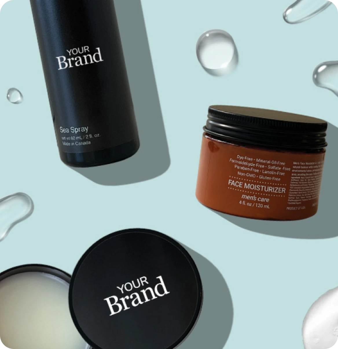 Professional barber hair styling products in dark bottles with grooming tools, custom branded