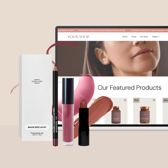 Photo of a private label lip kit and a website in the background