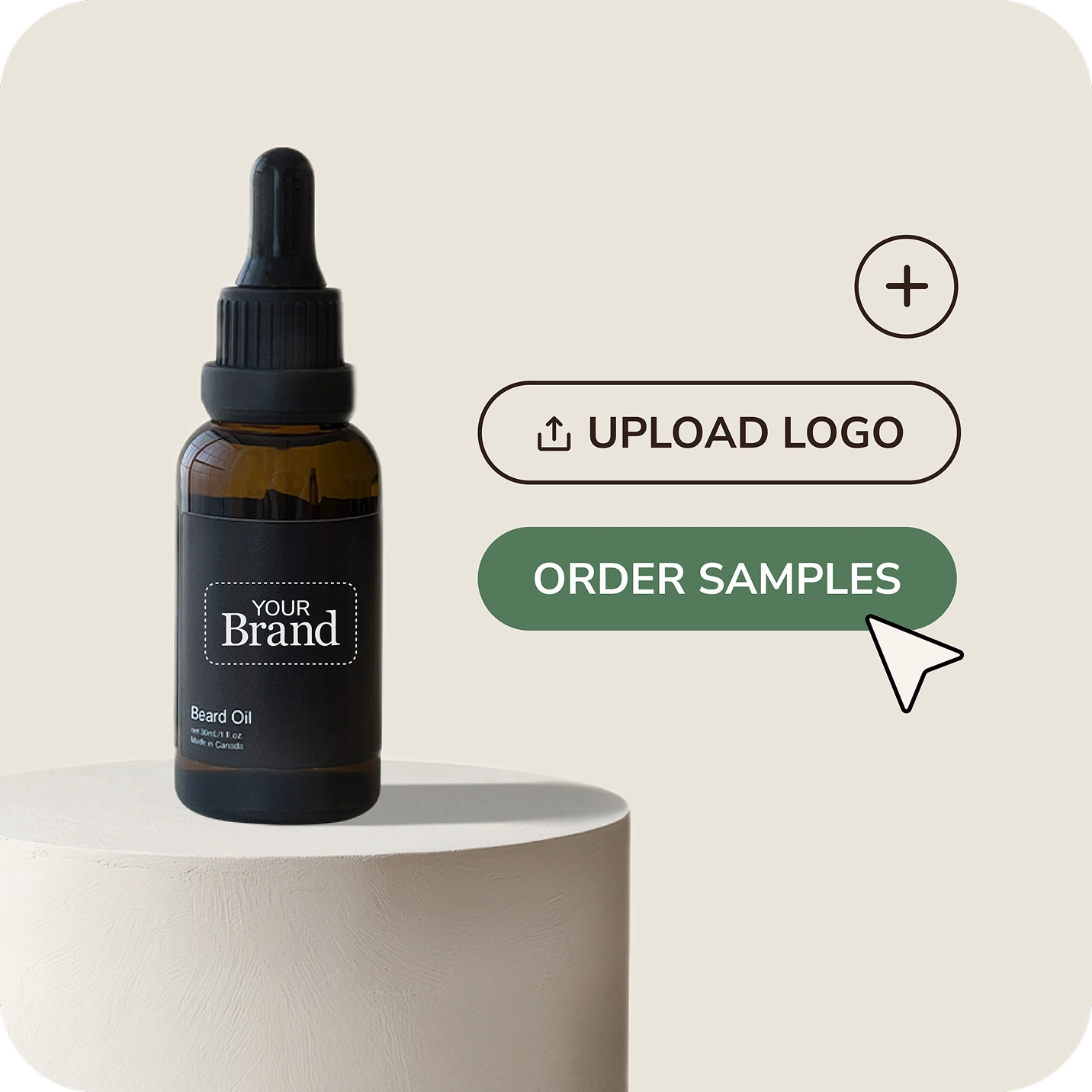 Bottle of beard oil with 'Your Brand' label on a beige background, featuring options to upload logo and order samples.