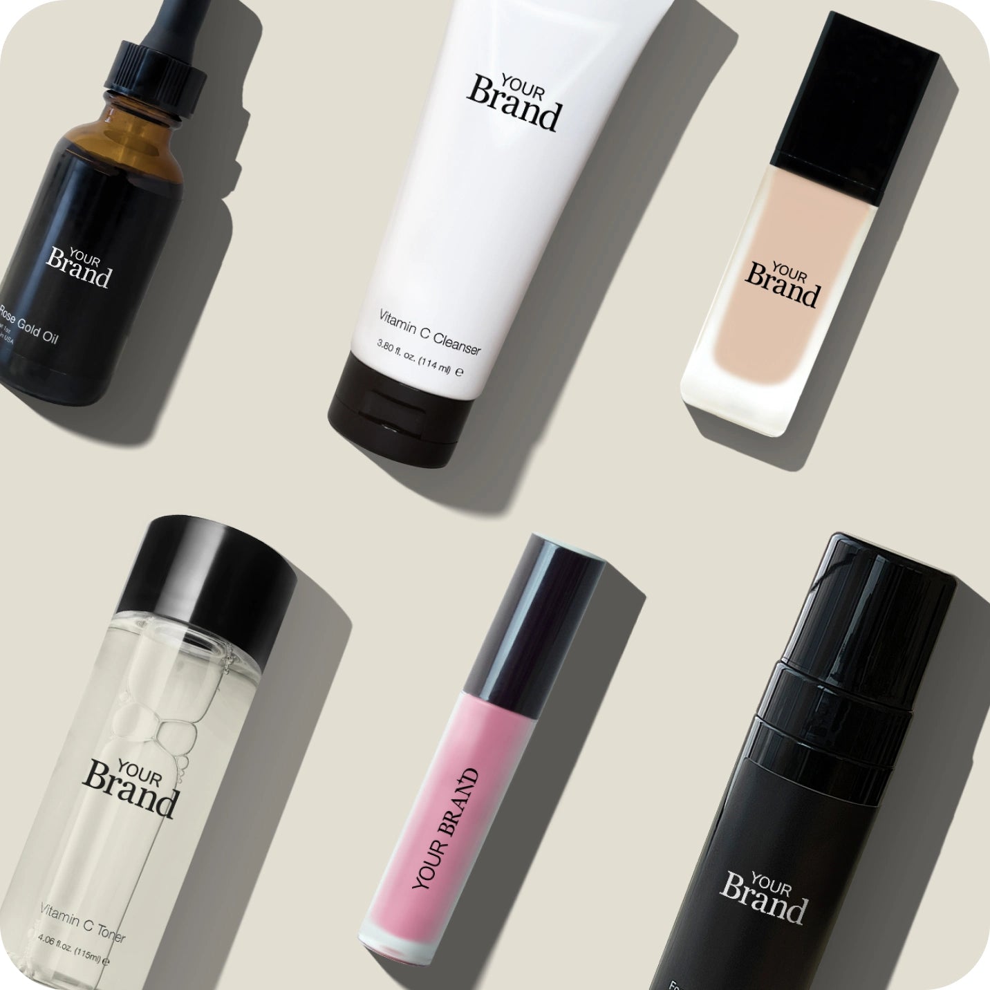 Collection of skincare products with 'Your Brand' label on a neutral background