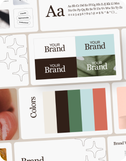 Set of brand name cards with color swatches for customization.
