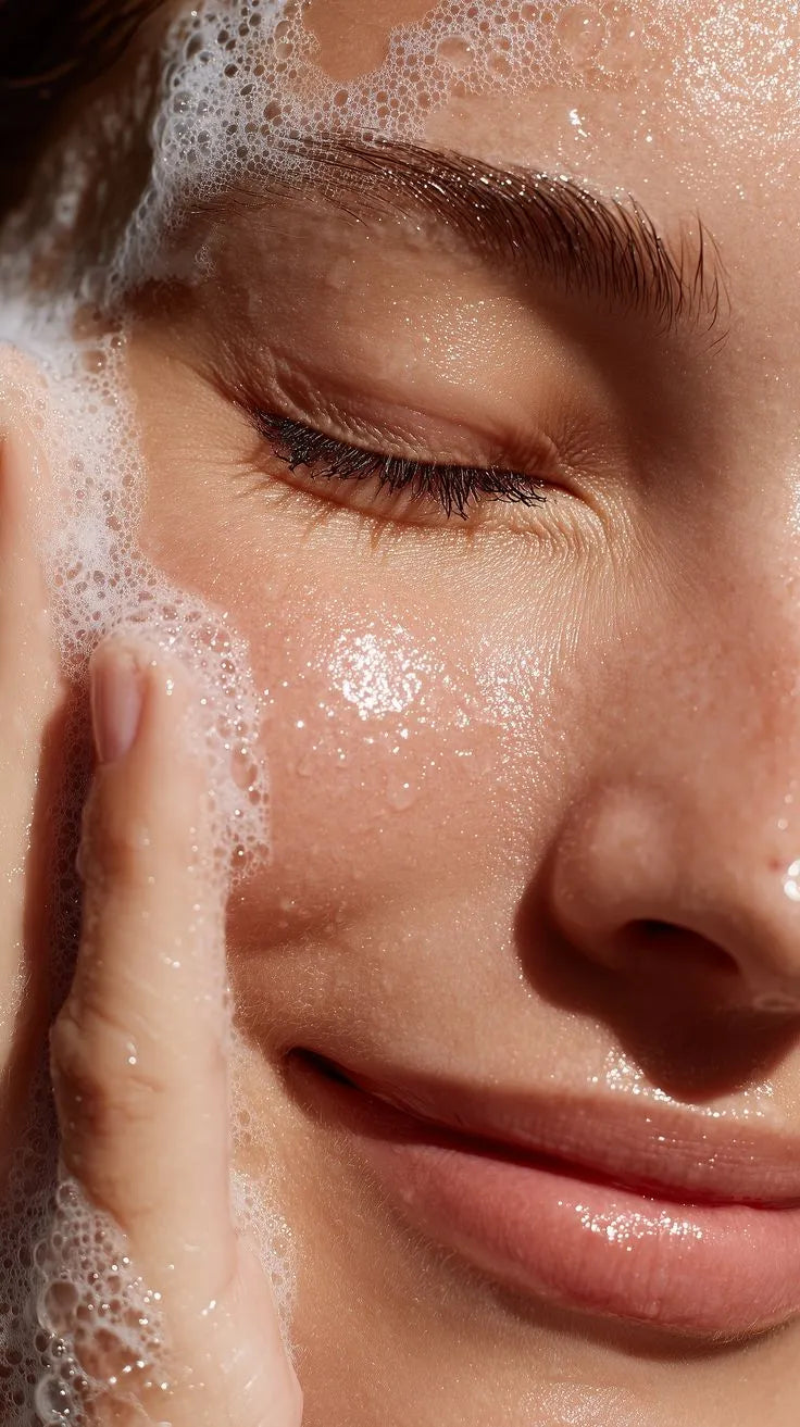 Close-up of a person washing their face with soap bubbles