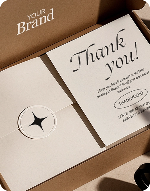 Card with 'Thank you!' message inside a box, featuring a brand logo.