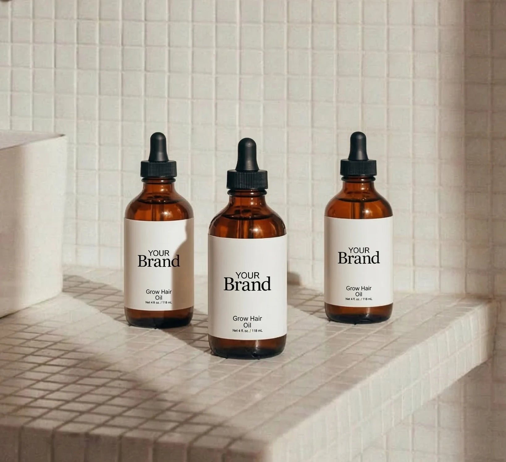 Custom branded serums in bathroom