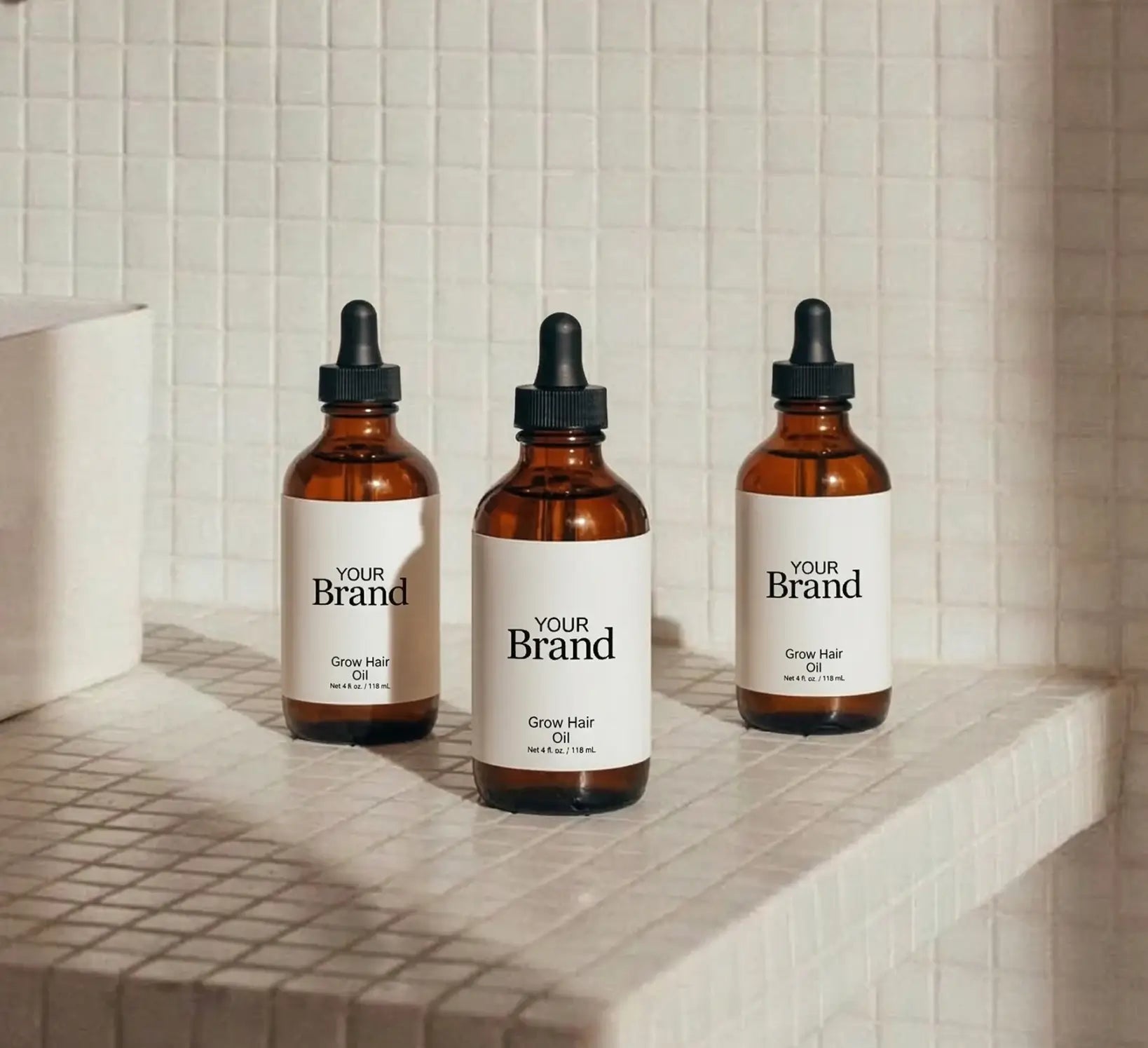 Custom branded serums in bathroom