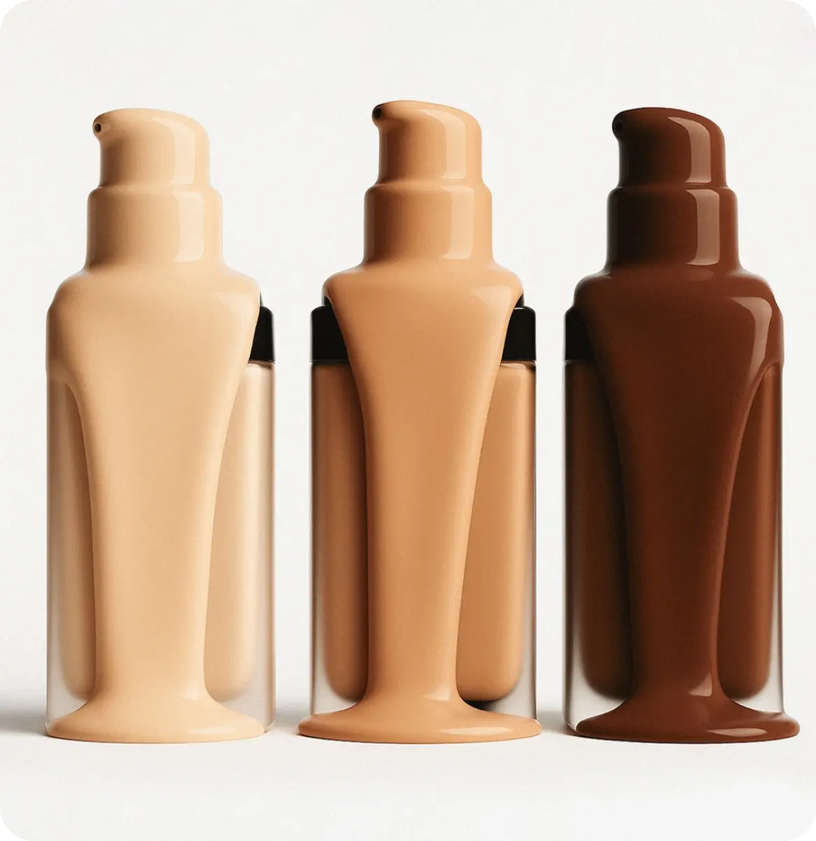 Three bottles of foundation in different shades on a white background