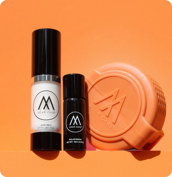 Scar Care skincare set featuring a white and black serum cream bottle, a black and silver serum bottle, and an orange silicone mask cover, arranged on a solid orange background.