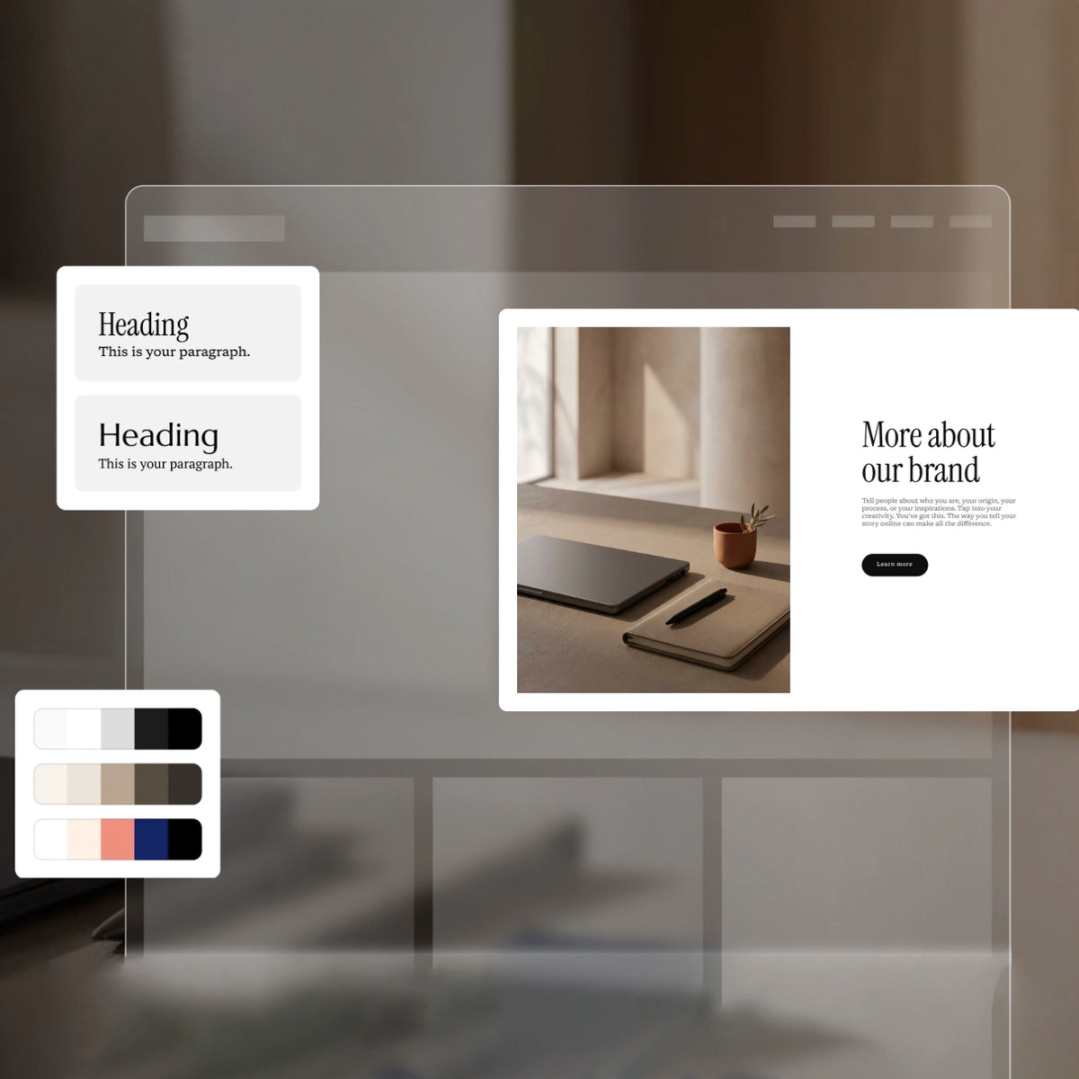 A digital mockup showing a transparent acrylic or glass display panel over a blurred office-like background. On the panel are two white design cards: one with placeholder text reading 'Heading' and 'This is your paragraph,' and another with 'More about our brand' and small text plus a dark button.