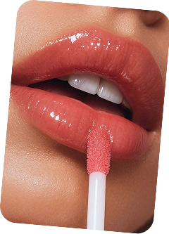 Perfect glossy lips in warm nude shade showcasing custom lip product results