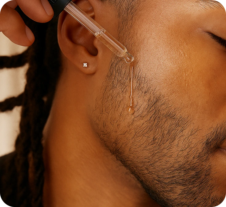Barber applying product to client's face during grooming service