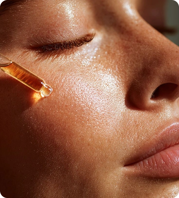 Custom white label self-tanner bottle with Blanka branding being applied to tan skin on face