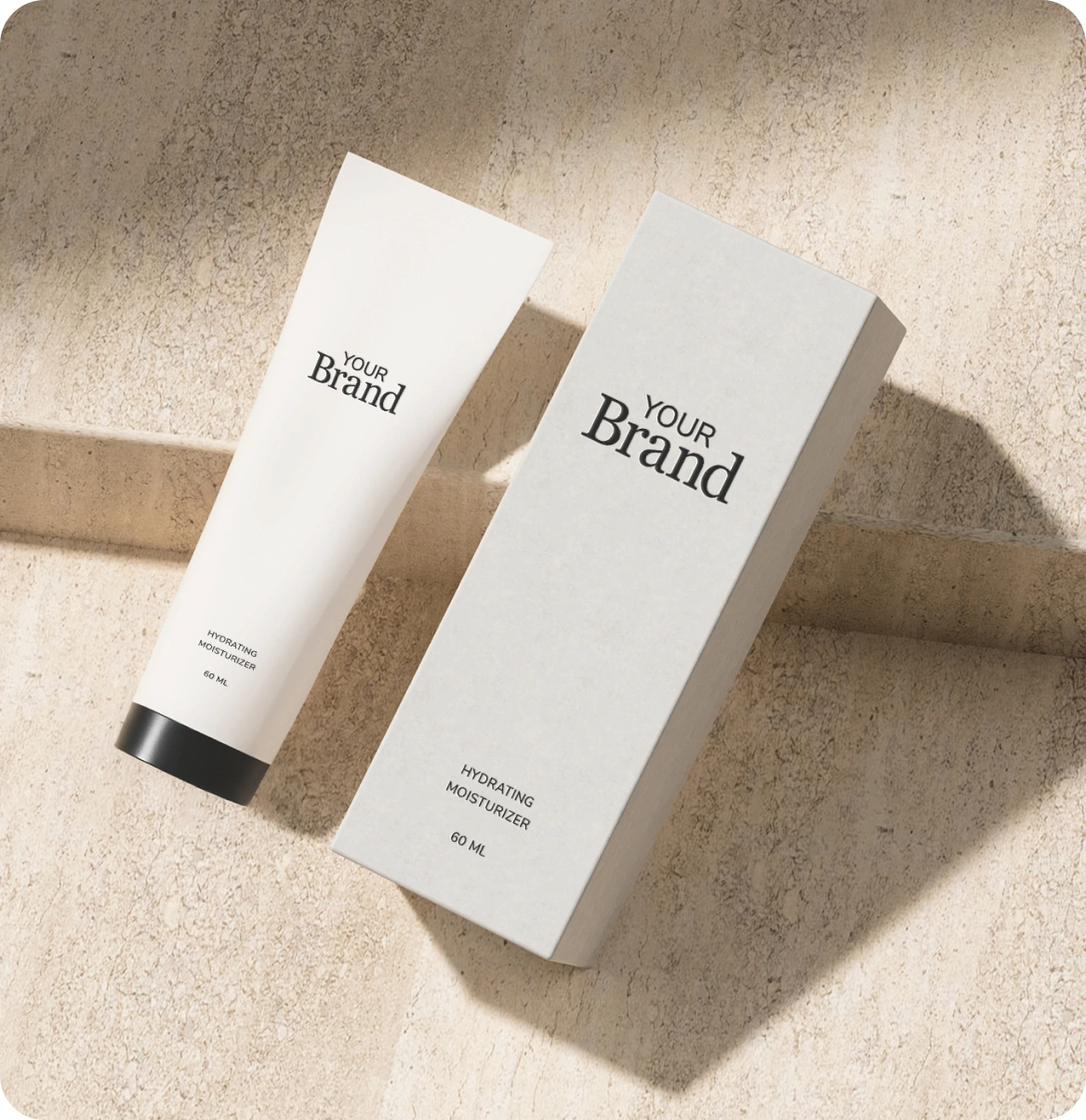 Skincare product tube and box with 'Your Brand' text on a beige background