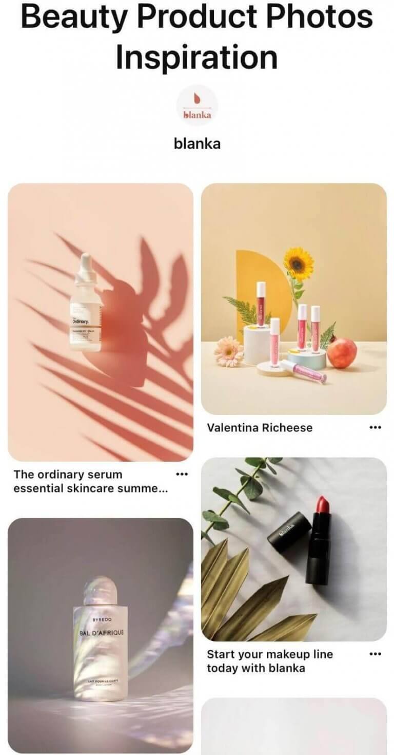 Screenshot of Blanka beauty product photography inspiration mood board on Pinterest