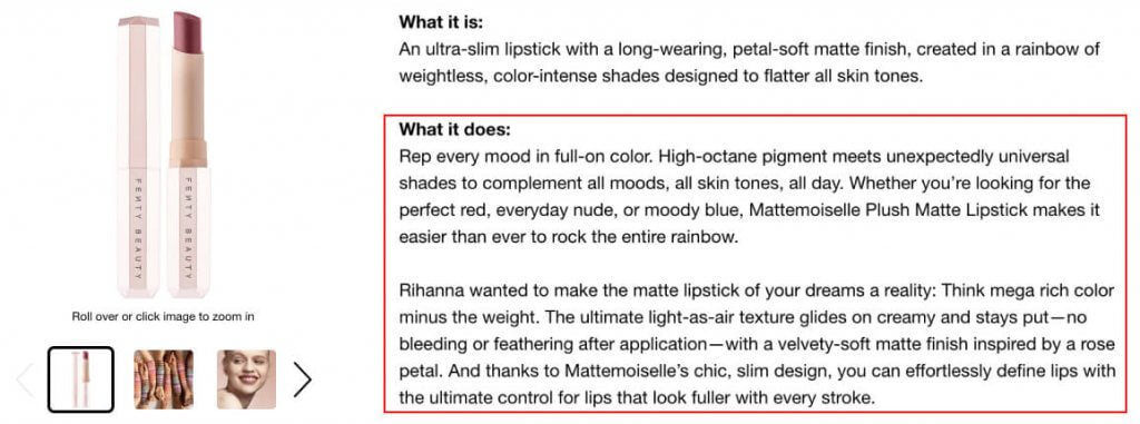 a beauty product description written for a Fenty Beauty lipstick to showcase how they capture their reader's attention.